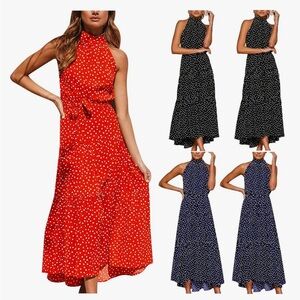 Polka Dot Halter Neck Maxi Dress Black